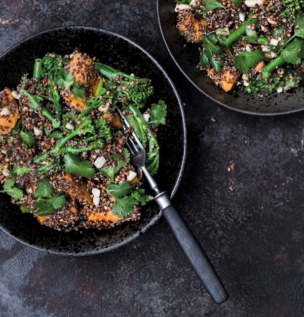Caravan Recipe: Red quinoa and buckwheat grain bowl, sweet potato, broccoli, peanuts and miso-sesame dressing