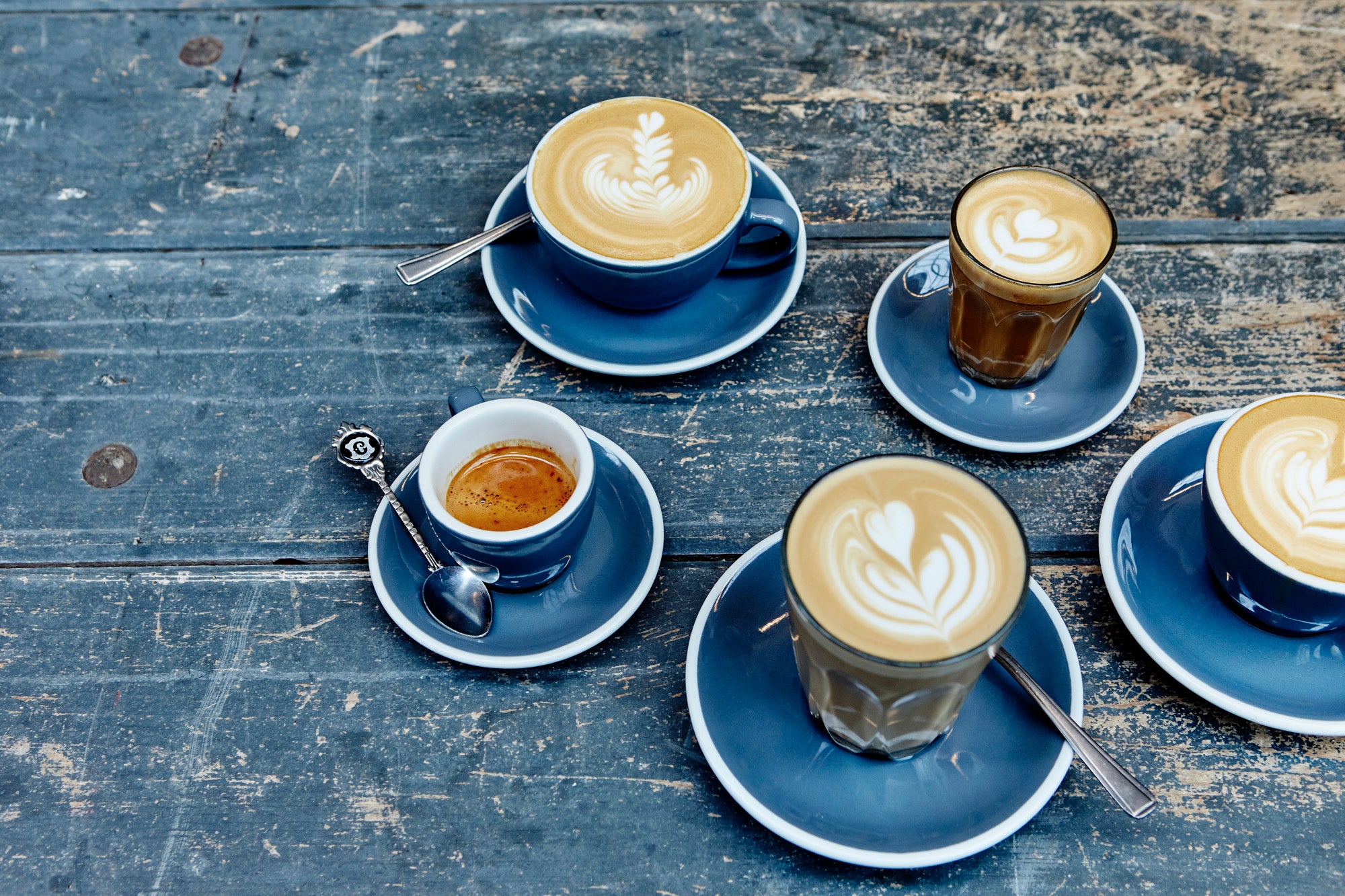 Flat white, espresso, cappuccino, latte and mocha from Caravan Coffee Roasters at Caravan Exmouth Market restaurant