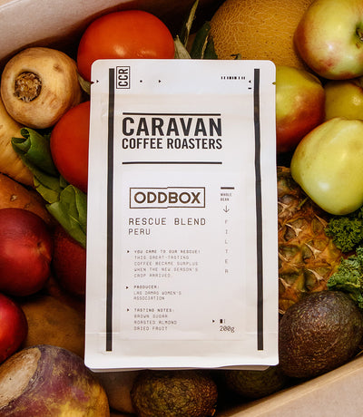 Caravan Coffee Roasters x OddBox food subscription box, wonky fruit, vegetables and coffee