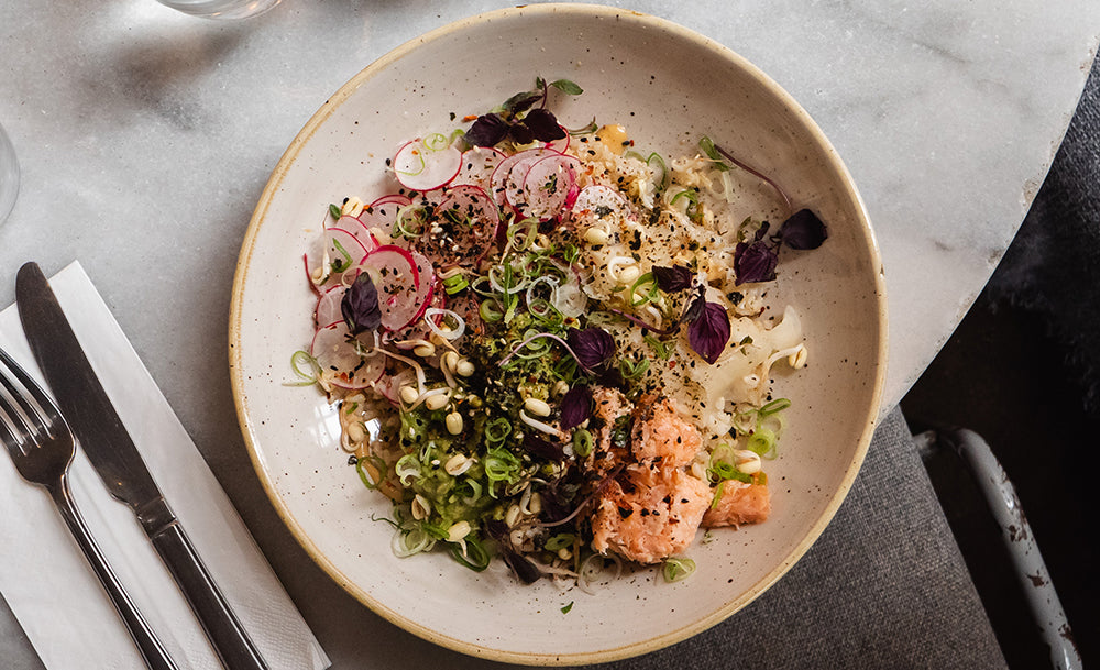 Salmon rice bowl at Caravan restaurants with Wright Brothers hot smoked salmon